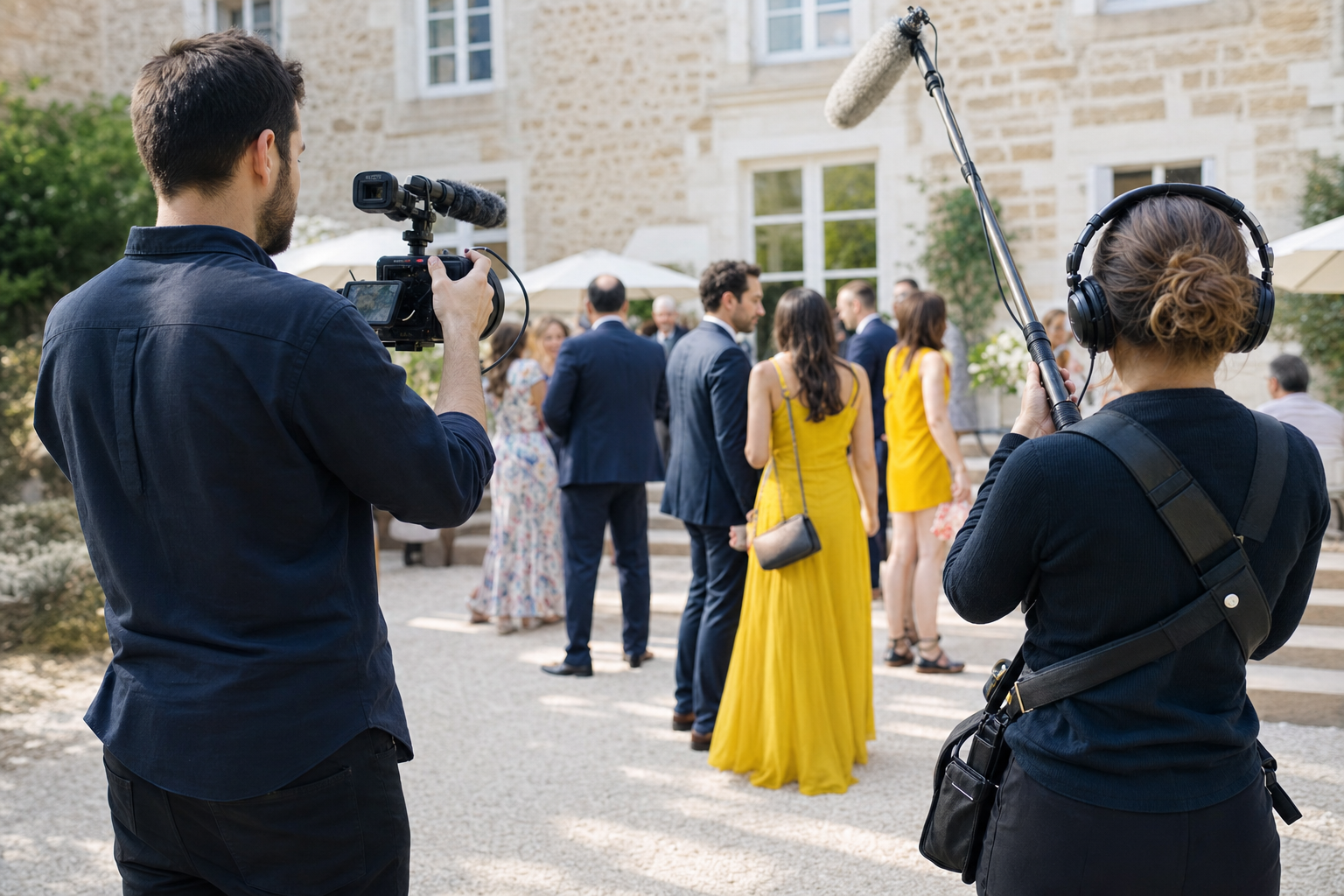 Vidéaste filmant un mariage avec stabilisateur gimbal lors d'une cérémonie