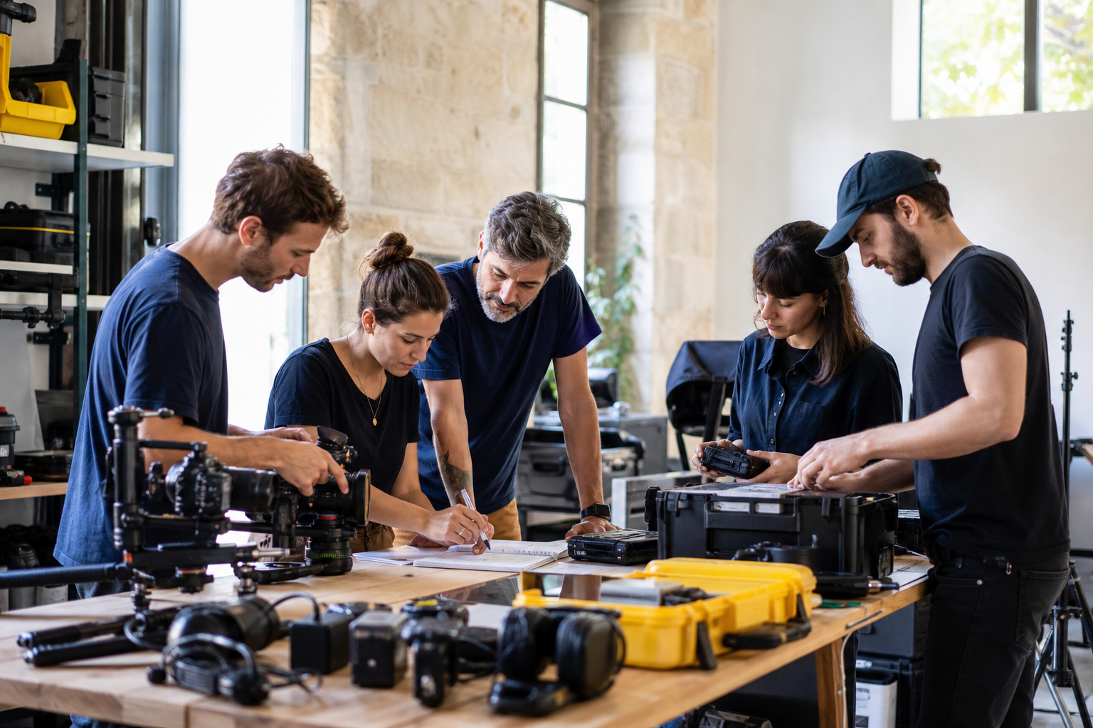 Équipe Production Films SARL réunie autour du matériel professionnel dans l'atelier à Auch
